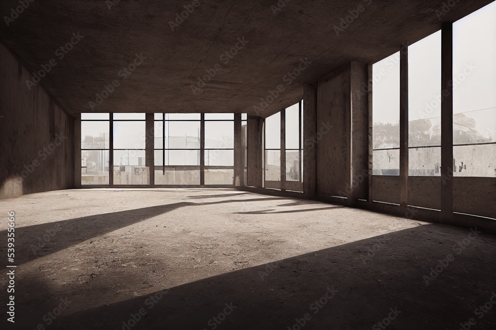Poster perspective view of empty concrete floor with cement structure and wooden wall building exterior. 3d