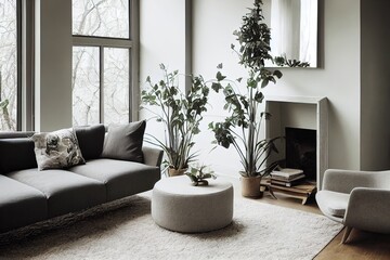 Pouf and gray armchair in spacious living room interior with plants and sofa near wooden table