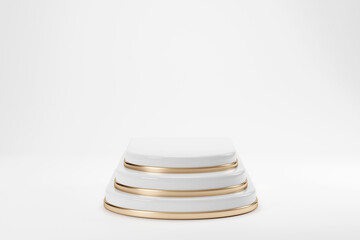 3d rendering luxury white and gold pedestal creative podium and modern geometry on white background