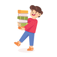 Boy goes carries a large stack of books. Cartoon vector illustration isolated on white background. Children's library in kindergarten or elementary school