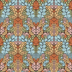 Seamless pattern with floral ornament in orange green blue color scheme
