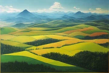 Wide city square and green mountain in summer.