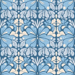 Seamless pattern with floral ornament in blue color scheme