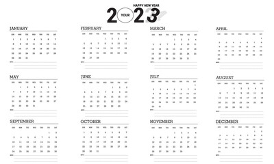 Vector illustration of 2023 calendar year. Black and white calendar design. Eps10 Vector 
