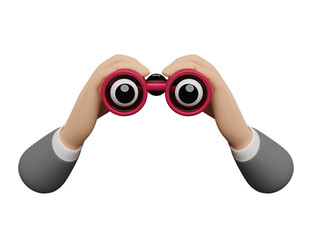 cartoon character businessman hand holds red binocular isolated. 3d illustration or 3d render