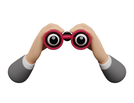 cartoon character businessman hand holds red binocular isolated. 3d illustration or 3d render
