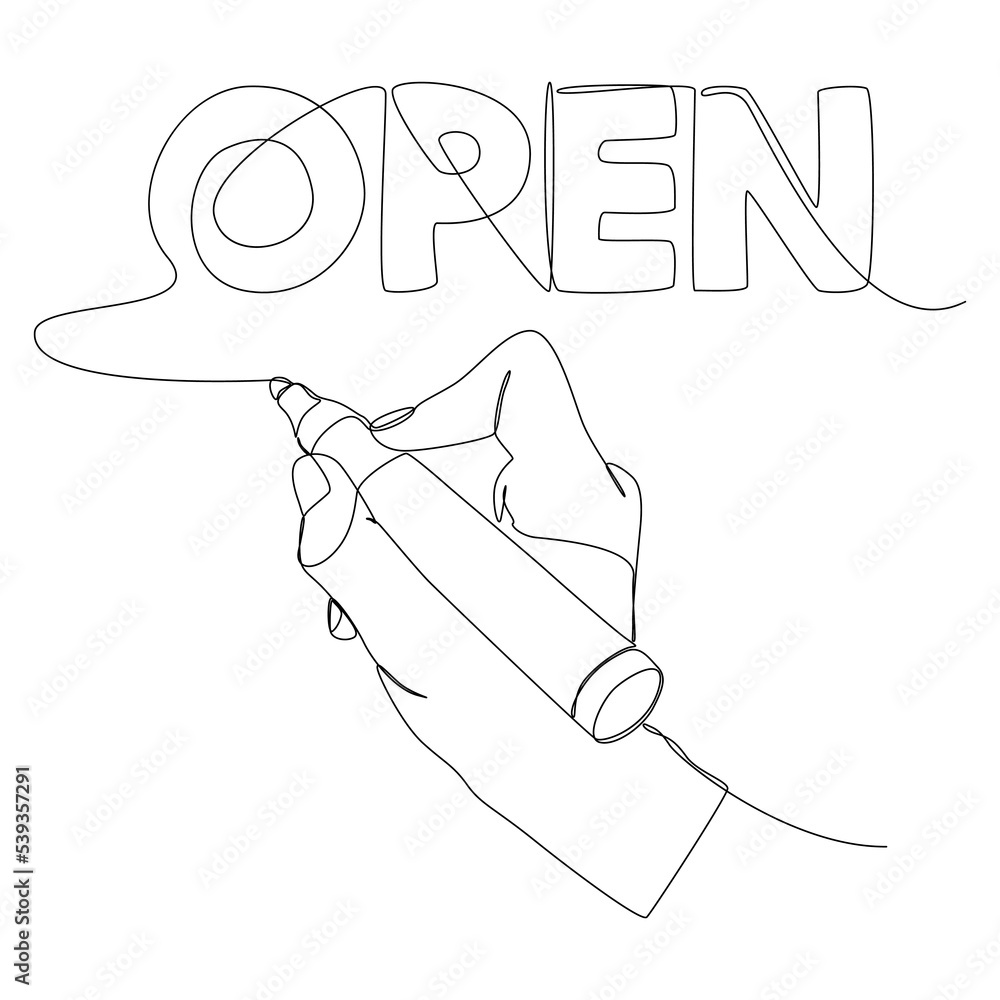 Poster one continuous line of open word written by with felt tip pen. thin line illustration vector concept