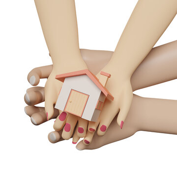 cartoon woman and man hands holding house isolated. 3d render illustration