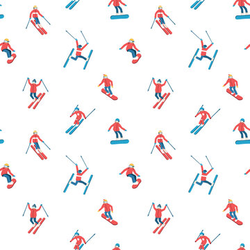 Skiers and snowboarders cartoon flat style. Ski resort. Winter sport activity. Seamless pattern