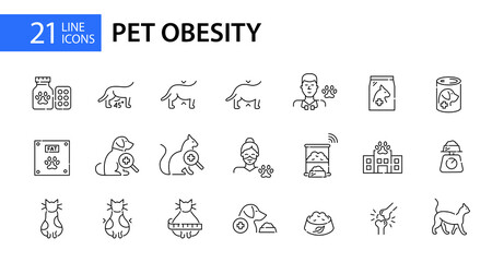 Obraz na płótnie Canvas Pet obesity related icons set. Treatment, automatic feeder, medical help and vitamins. Pixel perfect, editable stroke