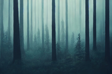Obraz premium Dark forest with mist during the rainy day