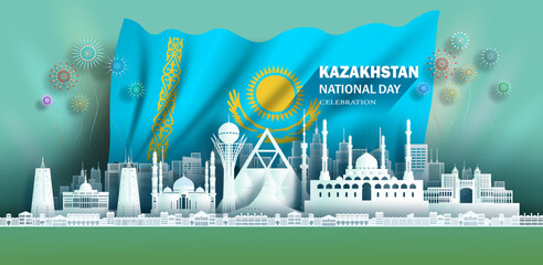 Anniversary celebration independence Kazakhstan day and travel landmarks Astana city with flag background, Tour Kazakhstan landmark with panorama view popular capital in origami paper cut. - obrazy, fototapety, plakaty