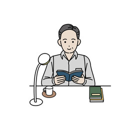 読書と勉強　本を読む中年の男性のイラスト