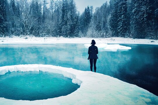 Winter Swimming. Woman In Frozen Lake Ice Hole. Swimmers Wellness In Icy Water. How To Swim In Cold Water. Beautiful Young Female In Zen Meditation. Gray Hat And Gloves Swimming Clothes. Nature Lake