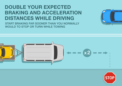 Safe Driving Tips And Traffic Regulation Rules. Open Car Hauler Trailer With Vehicle On It. Double Your Expected Braking And Acceleration Distances While Towing. Top View. Flat Vector Illustration.