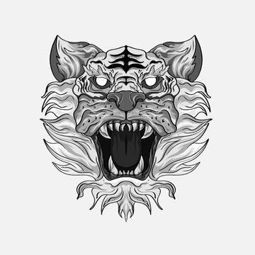 Black and white tiger japan style tattoo print design for t-shirt. . Vector illustration for coloring book, t-shirts, tattoo art, boho design, posters, textiles. Isolated vector illustration