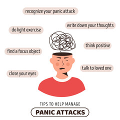 Medical infographic poster Tips to help manage Panic Attack. Useful advices for mental health problem. Head with nervous problem feel anxiety and stress vector flat style illustration.