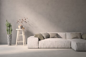 Concrete living room with sofa. Loft interior design. 3D illustration