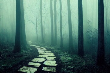 Fototapeta premium Mysterious, blue toned forest pathway. Footpath in the dark, foggy, autumnal, cold forest among high trees.