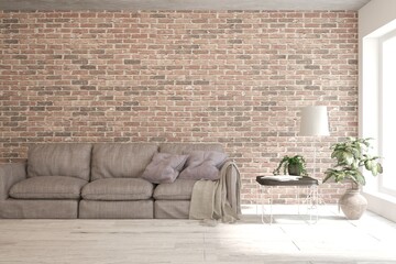 White living room with sofa and red brick wall. Loft interior design. 3D illustration
