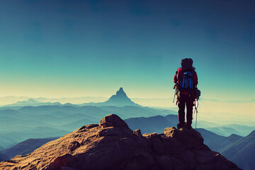 Fototapeta premium Tourist with a backpack and mountain panorama. Climber in a green jacket climbs a mountain against a blue sky. Hiker with backpack standing on top of a mountain and enjoying view. Adventure concept