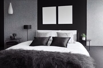 Wicker accessories in black and grey modern bedroom
