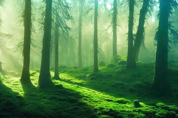 Obraz premium Majestic evergreen forest at sunrise. Mighty pine trees, moss, green plants. Morning fog, pure sunlight, sunbeams. Dark atmospheric landscape. Nature, seasons, summer. Fairytale, fantasy concepts
