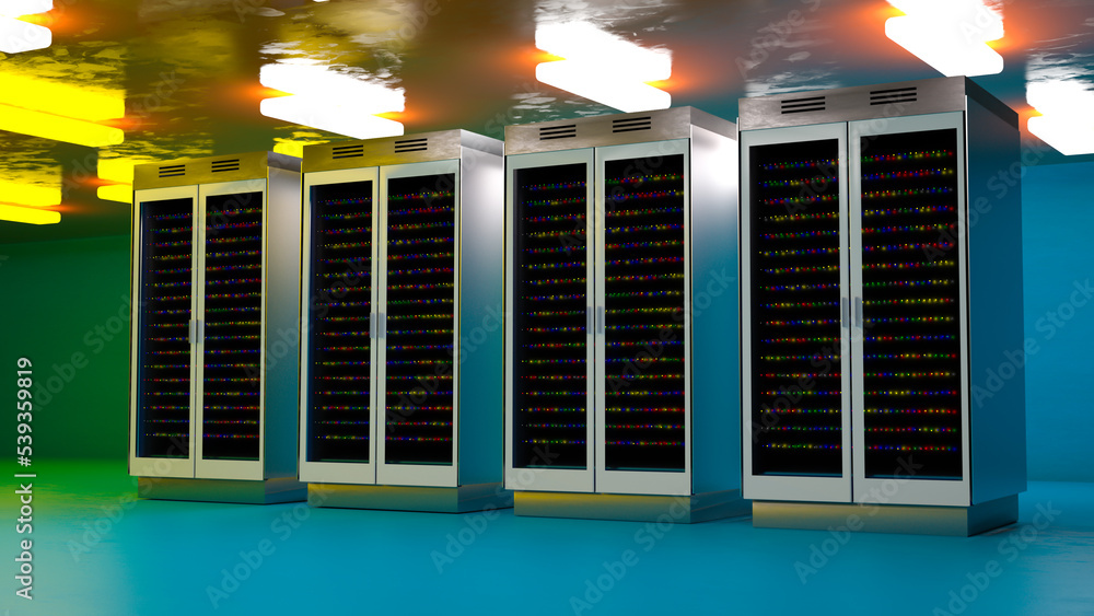 Poster server room. server data center. backup, mining, hosting, mainframe, farm and computer rack with sto