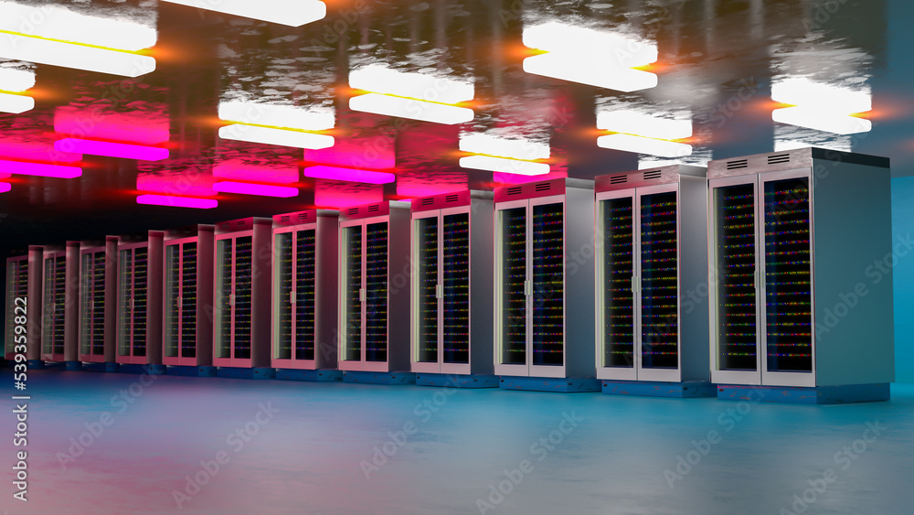 Fototapete server room. server data center. backup, mining, hosting, mainframe, farm and computer rack with sto
