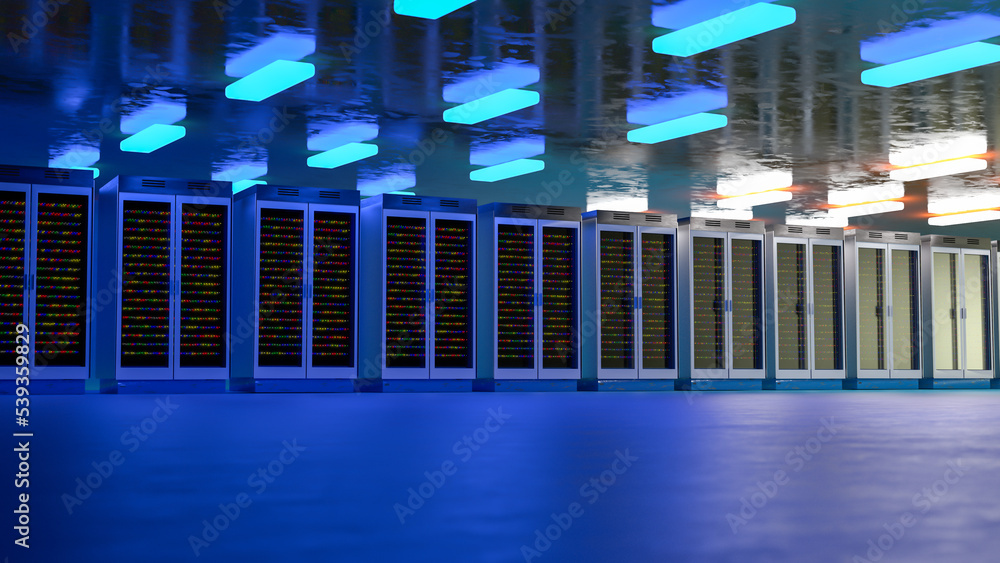 Poster server room. server data center. backup, mining, hosting, mainframe, farm and computer rack with sto