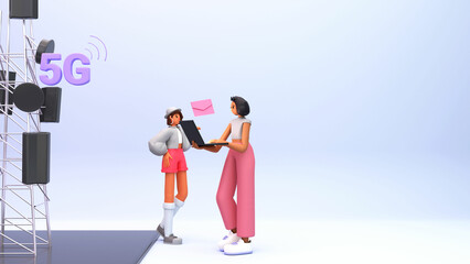 3D Render Of 5G Signal Or Cell Tower With Young Women Discussing To Each Other Against Glossy Background For High Speed Network Connection.