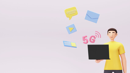 Obraz premium 3D Man Using High Speed 5G Network In Laptop With Chat Box, Video Play And Copy Space On Pastel Purple Background.