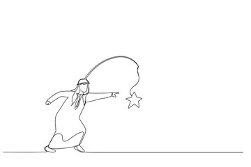 Cartoon of arab businessman running with carrot stick trying to grab star prize award. Metaphor for incentive. One continuous line art style