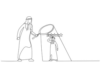 Drawing of arab businessman manager use magnifier to analyze employee with 5 stars rating. Metaphor for employee performance evaluation. Single line art style