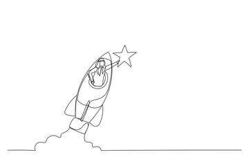 Cartoon of arab businessman riding fast rocket to catch golden star. Metaphor for Innovation. Single continuous line art style