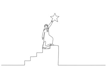 Drawing of arab businessman climb up stair to the top to reaching to grab precious star reward. Concept of accomplishment. One line style art