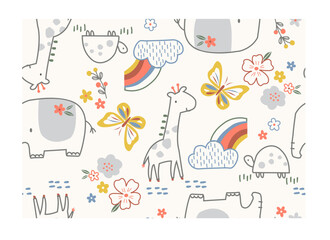Fototapeta na wymiar Cute animal friends elephant, giraffe, rainbow, turtle, flower and butterfly