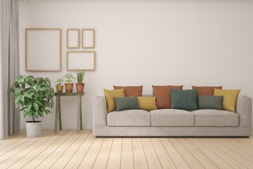 White living room with sofa. Scandinavian interior design. 3D illustration