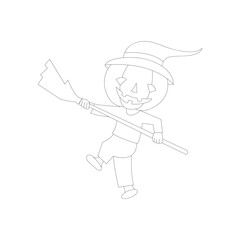 Pumpkin Character wearing Halloween hat and holding broomstick vector isolated on white background. 