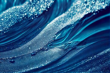 blue liquid splashes silver glitter, swirl and waves with scatter drops. Paint, oil or ink splashing dynamic motion, design element for advertising, 3D render illustration - obrazy, fototapety, plakaty