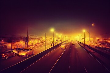 Fototapeta na wymiar Night traffic, cars on highway road on sunset evening night in busy city, urban view, toned with retro vintage hipster filters
