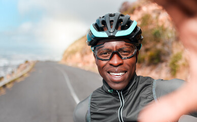 Cycling, portrait and selfie with man in a road along a mountain in South Africa, happy, relax and...