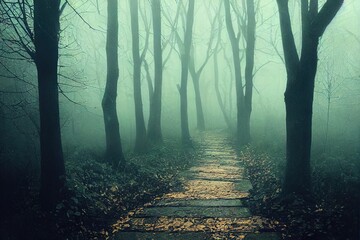 Naklejka premium Mysterious pathway. Footpath in the dark, foggy, autumnal, mysterious forest.. High quality Illustration