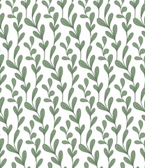 Vector pattern with cartoon intertwined branches with foliage on a white background. Botanical texture with doodle hand drawn leaves and stems
