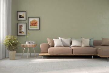 Green concept of living room with sofa. Scandinavian interior design. 3D illustration
