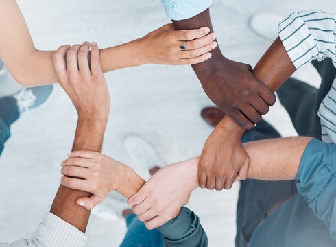 Wrist Hands, Team Building And Business People Support Diversity, Group And Collaboration, Cooperation And Community Mission. Above Solidarity, Partnership And Motivation Of Goals, Trust And Teamwork