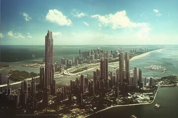 Aerial view of the modern skyline of Panama City , Panama with modern Highrise buildings.