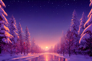 schöne winterlandschaft mit schnee und kiefern, landschaftsillustration mit weihnachtsthema