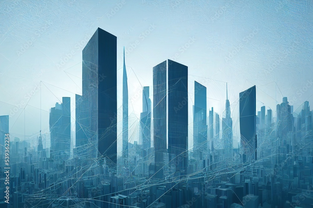 Poster abstract 3d city rendering with lines and digital elements. digital skyscrappers with wire texture. 