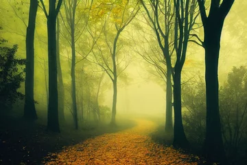 Geheimnisvoller Weg. Wanderweg im dunklen, nebligen, herbstlichen, nebligen Wald mit hohen Bäumen. Bogen durch herbstlichen Wald mit gelben Blättern. © The 2R Artificiality